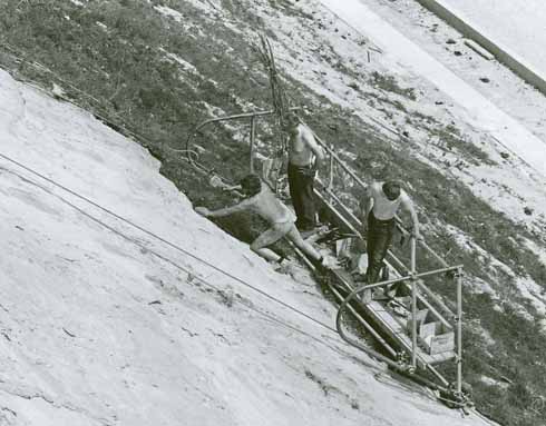Heather turfs being pegged in place near Branksome Chine in the 1970s