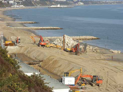 The rock groynes at Branskome Chine nearing completion in 2009