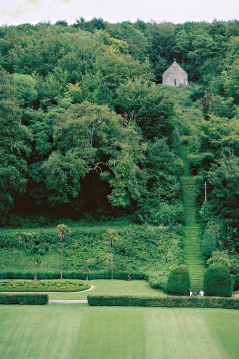St Catherine's Chapel looks down on Milton Abbey, with the unique grass staircase leading towards it 