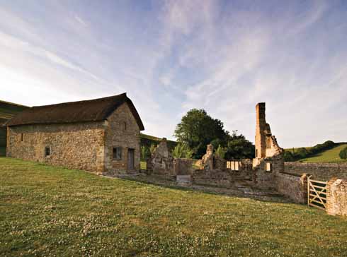 The ruined buildings of Lyscombe, and the restored chapel