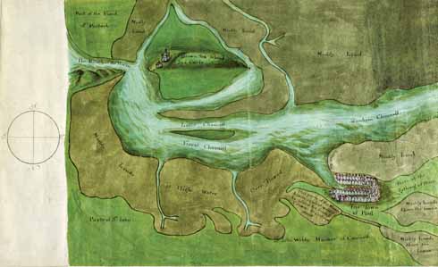 This somewhat disturbing south-up, north-down projection from the late 17th century seems more interested in land ownership than helping mariners