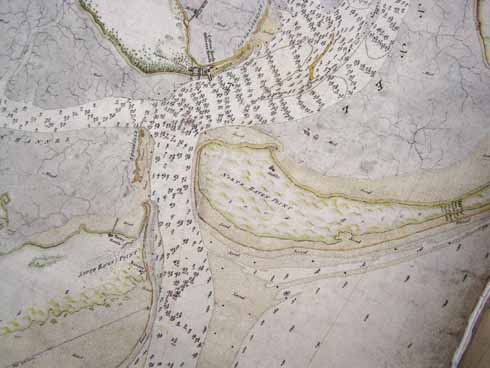 Mackenzie’s immense level of detail about the depths of the harbour entrance is shown on this detail of his original chart