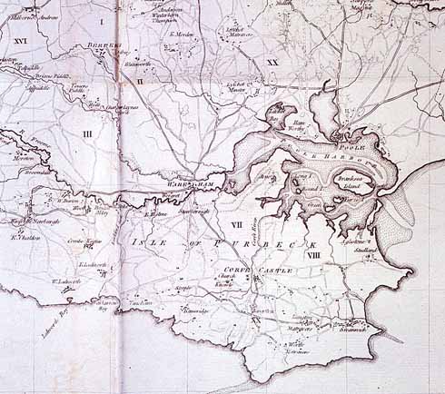 This 1773 map shows the Isle of Purbeck in better detail and some indication of the perilous shallows in Poole harbour
