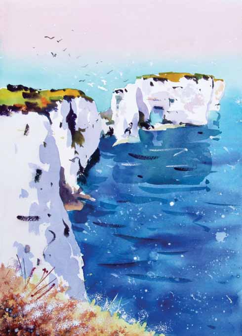 Jake’s landscape paintings, like this one of Old Harry rocks, have the same immediacy and freshness as his action images