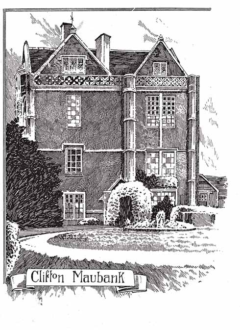 The south front of the surviving wing at Clifton Maybank with the 18th-century sash windows admired by Hutchins, but otherwise mid 16th century with clasping pillars and pretty parapet. Engraving of about 1900.