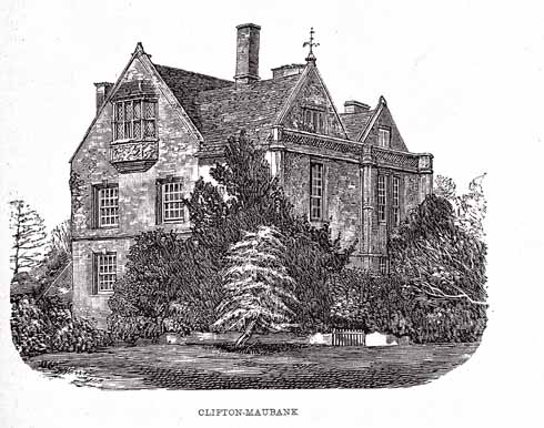 The west front of Clifton Maybank with a pretty oriel window reset from the original house. This façade is 18th century, built after the demolition of the main block. Engraving of 1888. 