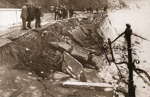 The Walk looking eastwards in the 1870s with the cart road below it. In the near distance is a cart, but it is moving too quickly for the camera to have captured it crisply. Courtesy Lyme Regis Philpot Museum