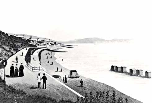 This rather strange print, looking along The Walk, was drawn – in Germany! –  from a photograph in the 1890s; it was copied from a postcard in the 1970s by a Lyme Regis turf accountant. Courtesy Lyme Regis Philpot Museum