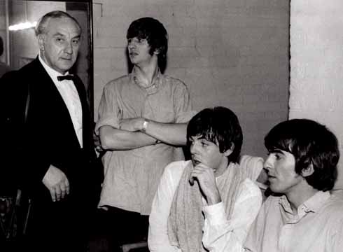 911edBournemouthBackstage - Aug 1964 Backstage – Aug 1964: A rare occasion when Harry Taylor appeared in one of his own photos, as daughter Sandra grabbed this shot of him in The Beatles’ dressing room with Ringo, Paul and George at the Gaumont on 2 August 1964