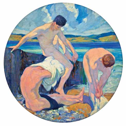 911edLeadOffDOR_BRC_BORGM_01696 The Bathers A highly prolific artist, Palmer produced landscapes, portraits, figure subjects and murals working in oil, watercolour, tempera, pastel, etchings, gouache, red chalk and charcoal. He produced sculptures in bronze and plaster and in 1924 exhibited with Frank Brangwyn, Walter Sickert and Augustus John, then famously living in Dorset. Palmer’s large tempera tondo The Bathers was exhibited at the Royal Academy in 1925. The bold fluidity of the three male figures reveals Palmer’s debt to Michelangelo as well as to Rodin’s contorted human forms. The undefined landscape across the sea takes in the sunlit hills with towering clouds overhead. However it was not to Dorset that Palmer moved that same year, but to South Africa, where he undertook many public commissions including Johannesburg railway station and was presented with an award by the Natal Society for his depictions of Bantu life.