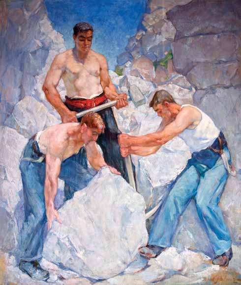 911edLeadOffDOR_DCM_ART2329 Dorset Quarrymen, 1940 Fascinated by their expertise and strength the quarrymen became the subject of some of Palmer’s finest paintings, shown here. The men are shown at their work, with muscles straining under the effort of working the huge blocks of stone. One of the quarrymen, Victor Bower, who came from a long established Dorset family, sometimes helped Palmer with these imposing compositions.