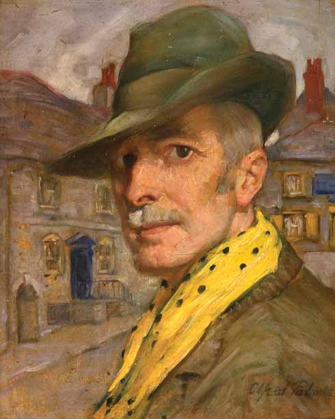 911edLeadOffDOR_SWMH_PCF_3 Self portrait In 1939 Alfred and Mary Palmer retired to Church Hill, Swanage to be near their musician daughter Francesca. They lived in the house with steps and railings that is visible in the left of his self-portrait, painted not long after his arrival in the town. This house and its close surroundings often featured in Palmer’s paintings and sketches from this period. Some time later he had a studio in Church Hill House, owned by a naval officer. During his time in Dorset Palmer was actively involved with local art societies. He also made a name for himself further afield, since in 1942 he had the fun commission to paint the panels for the Morris Minor pavilion at Wembley’s Empire exhibition.