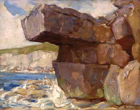 911edLeadOffDOR_SWMH_PCF_4 Loading Rock, 1940 Along with many other artists working in the area, Palmer responded to the quality of the Purbeck light in his landscapes. Here he has skillfully acknowledged the tonal subtleties of the stone and also convincingly captured the energy of the seascape. The loosely impressionistic painting creates a dramatic and powerful scene through the vivid colours of the natural rock contrasting with the agitated swirls of crashing waves. It is intriguing that Palmer was able to access this spot since during the war much of the coastal area would have been sealed off with barbed wire.
