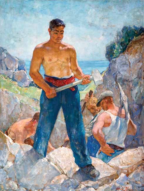 911edLeadOffDOR_SWMH_SWNTB_1995_326 Men Working in Cliff Quarry, 1945 Sometimes the figures were set in bright sunlight against a background of brilliant sky or the ever-present sea. As with The Bathers, Palmer’s favoured composition consisted of a trio of men which endorsed the dramatic effect of their activities.