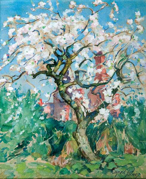 911edLeadOffpalmer-apple 3 Apple Blossom, Swanage His considerable versatility is evident in this finished sketch of a twisted and gnarled apple tree which dominates the image. Its blossom bursts out in an explosion of white and pink colour and contrasts with the red brick of the house and chimney. Though owing a debt to Japanese prints it reveals Palmer’s intimate and personal response to his Dorset surroundings in paint.