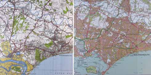 911edMapping5 Ordnance Survey maps of Bournemouth and Poole from 1919 (top) and 2007 (bottom) showing the growth of the conurbation