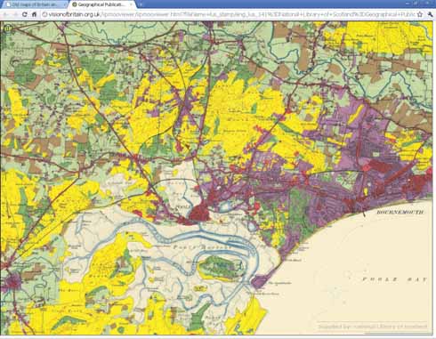 911edMapping6 An internet display of the 1930s Land Utilization Survey – rough grazing is shown in yellow, arable in brown, woodland in solid green, grassland light green(hatched), densely built up land and other unproductive land (e.g. quarries) shown in red and houses with gardens shown in purple