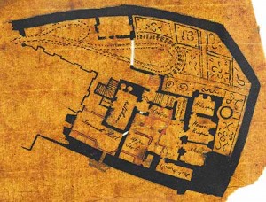 Drawn on another scrap of loose leaf paper, a plan of the castle site showing gardens as well as a kitchen, servants’ hall, larder, housekeeping