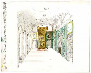 An interior, possibly a reception room, partly coloured