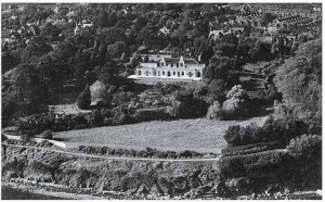 Two early views of Portland House either side of a portrait of G H Bushby , whose mother and sister got the benefit of his weakender by the sea