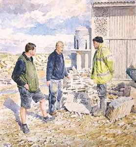 From left to right: Mark and Jim Gillespie talking to Stanley Bonfield at Blacklands Quarry, first dug in 1950/51. The stone orders (for Quoins and Jambs) are written on an Ashlar