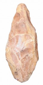 The Dewey hand axe, the original colors of which were bleached and stained by river deposits