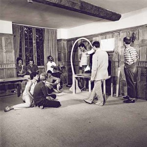 The rough-hewn beams, contrasting with the intricate panelling of Parnham House in the 1980s, make a perfect backdrop to tutorials on the use of wood in design and making