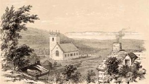 An 1884 drawing of Repton’s church as seen from Kingston village, before the south apse was added
