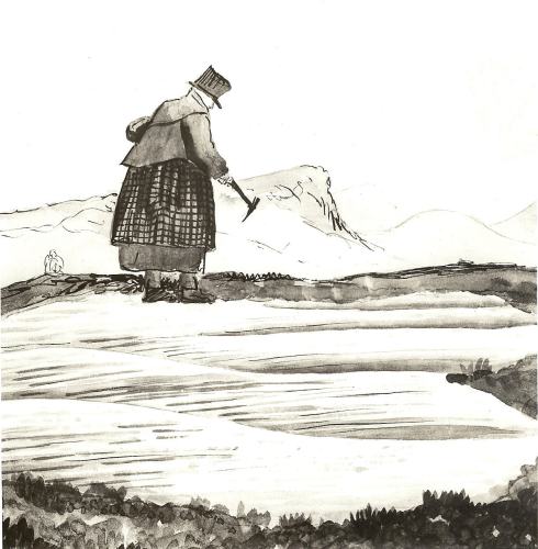 An informal sketch of Mary Anning, fossiling on the shore at Lyme, probably in the 1830s. The top hat is a sort of safety helmet rather than a fashion statement.